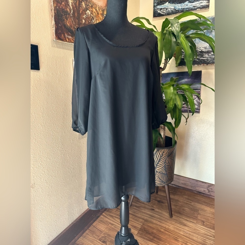L8ter black chiffon dress above the knee with leopard back bow Sz XL